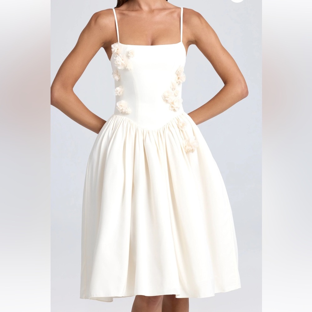 Oh Polly Ivory Spaghetti-Strap Midi Dress with Floral Appliqués